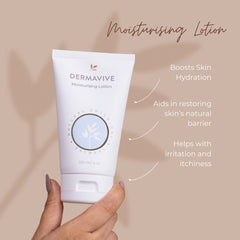 Dermavive Moisturising Lotion benefits listed: boosts hydration, restores skin barrier, and soothes irritation and itchiness.