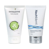 Achieve a flawless makeup base with Neutriderm's Pre-Makeup Skincare Set. This combo includes a gentle Hydra Cleanser to remove impurities and a Vitamin E Moisturising Lotion for deep hydration, leaving your skin prepped for a perfect makeup application.
