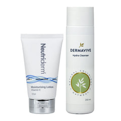 Achieve a flawless makeup base with Neutriderm's Pre-Makeup Skincare Set. This combo includes a gentle Hydra Cleanser to remove impurities and a Vitamin E Moisturising Lotion for deep hydration, leaving your skin prepped for a perfect makeup application.