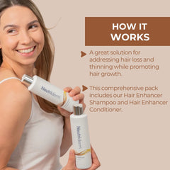 Smiling woman holding Neutriderm hair enhancer bundle with shampoo and conditioner promoting hair growth