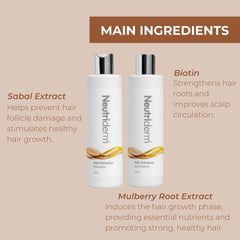 Neutriderm hair enhancer bundle shampoo and conditioner bottles showing main ingredients for healthy hair growth