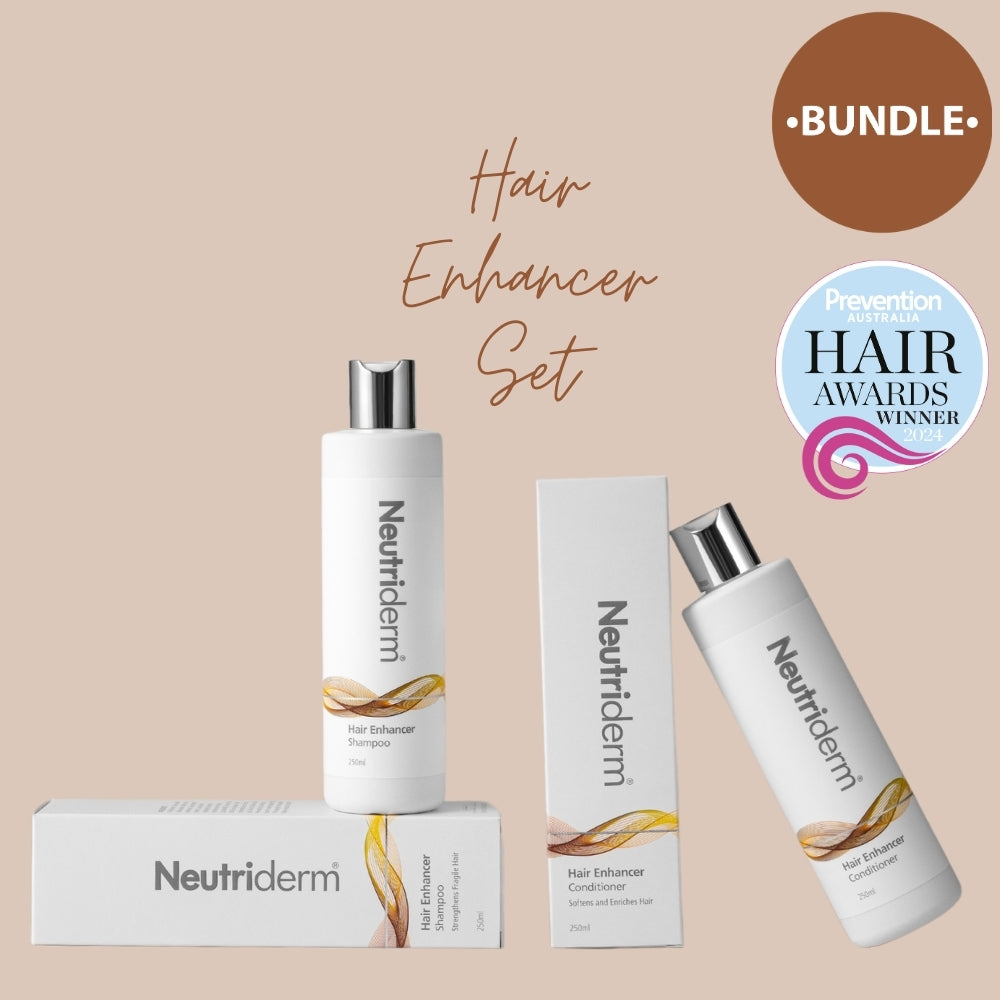 Neutriderm hair enhancer bundle with shampoo and conditioner featuring award-winning hair care set