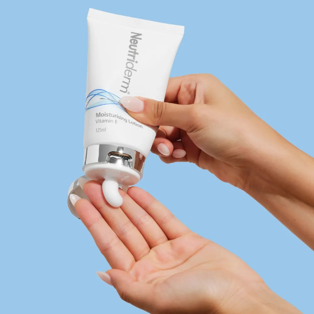  Replenish dry skin and reduce wrinkles with Neutriderm Moisturising Lotion. Enriched with Vitamin E, this lotion repairs sun damage and keeps your skin hydrated for a youthful look.