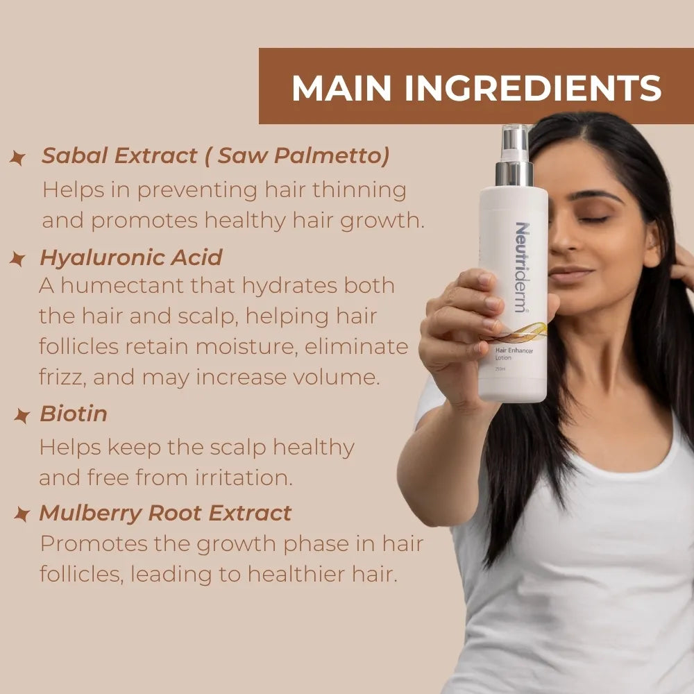  Looking to combat hair loss? Neutriderm Hair Enhancer Lotion can help. This clinically proven formula reduces hair loss and stimulates hair growth for healthier, more voluminous hair. 