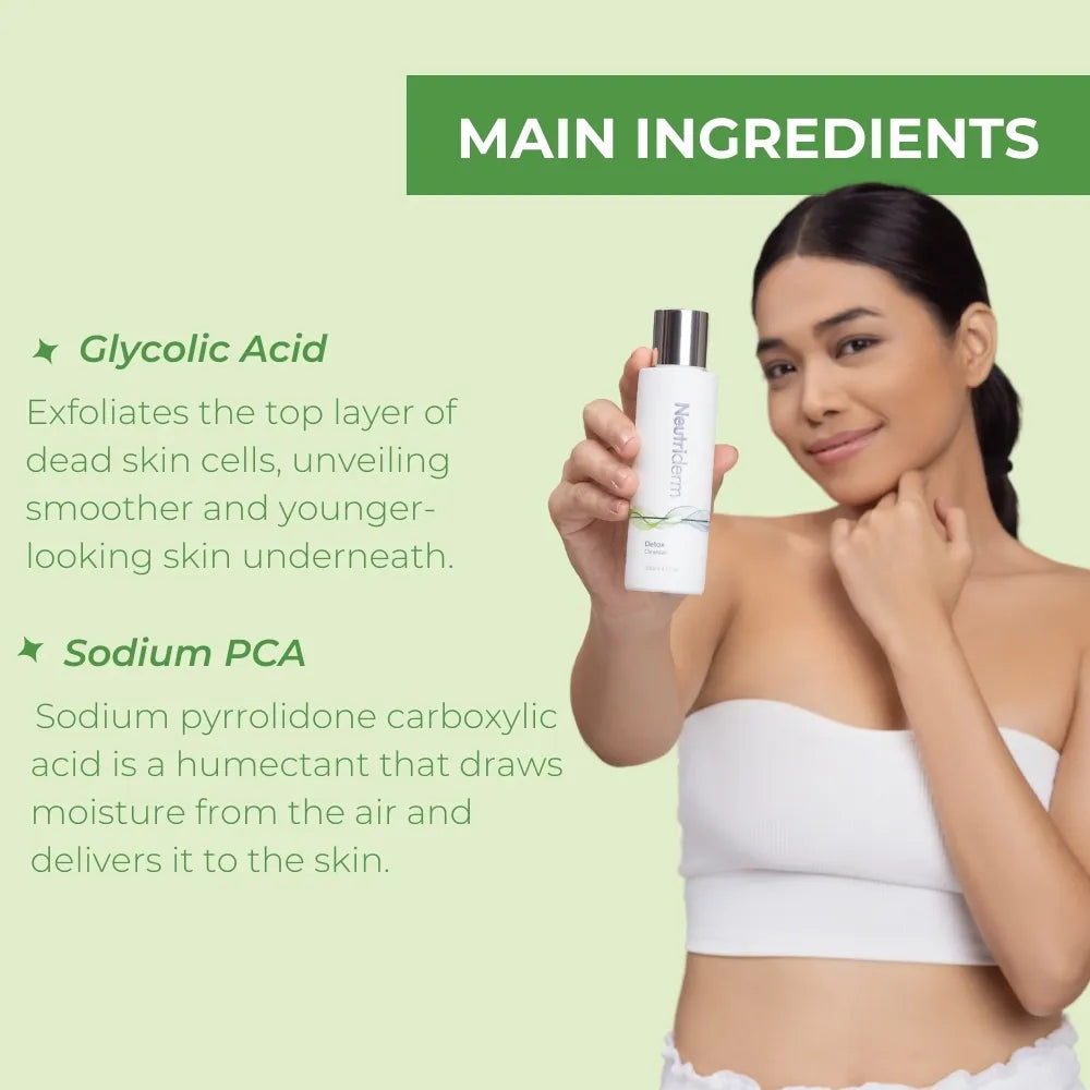  Experience the Neutriderm Detox Cleanser: a gentle formula with Glycolic Acid and Sodium PCA that removes impurities, revealing brighter, hydrated skin. Ideal for daily use. Order now!
