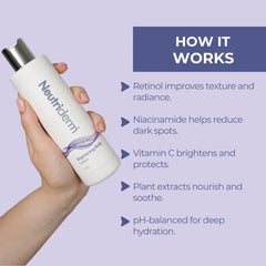  Achieve a radiant, even skin tone with Neutriderm's Brightening Body Lotion. This pH-balanced formula with Retinol & Niacinamide hydrates reduces dark spots and combats early signs of aging.