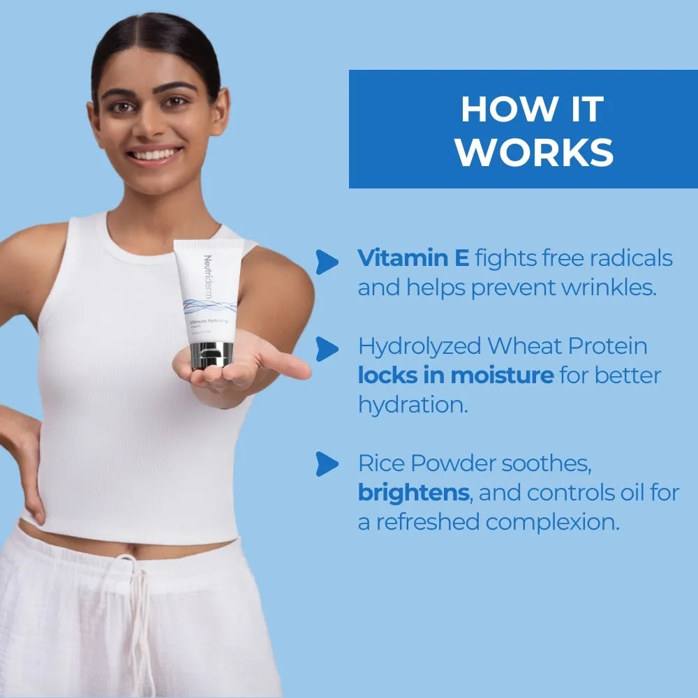  Unlock the secret to radiant, supple skin with Neutriderm Ultimate Hydrating Cream. This pH-balanced moisturiser brightens skin tone, minimizes imperfections, and provides lasting hydration for a youthful glow.