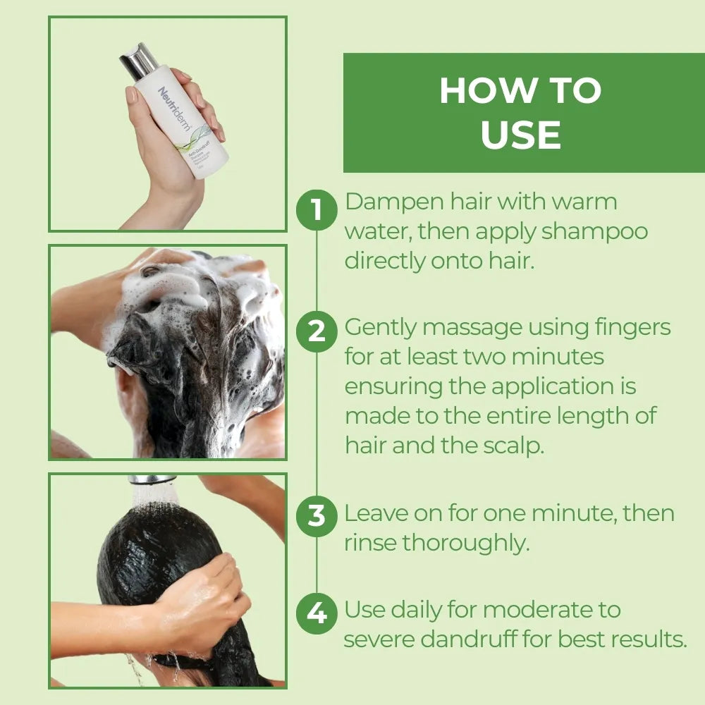  Fight dandruff effectively with Neutriderm Anti-Dandruff Shampoo! Its potent anti-fungal properties kill bacteria, cleanse the scalp, and eliminate flakes for cleaner, fresher hair.