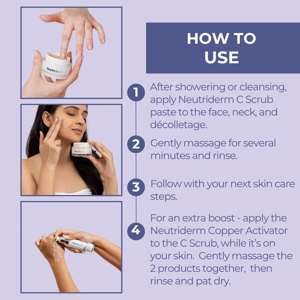  Looking for a facial scrub to brighten and smooth your skin? Neutriderm C Scrub with Vitamin C exfoliates & targets dark spots, revealing a radiant you.