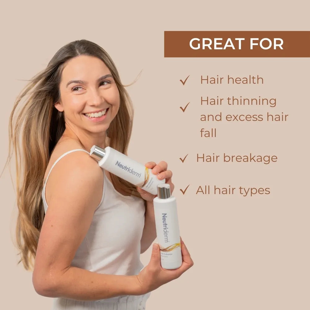  Neutriderm Hair Enhancer Shampoo is a natural solution to fight hair loss and breakage. Made with nourishing ingredients, this shampoo helps strengthen and revitalize hair for a healthier, fuller look.