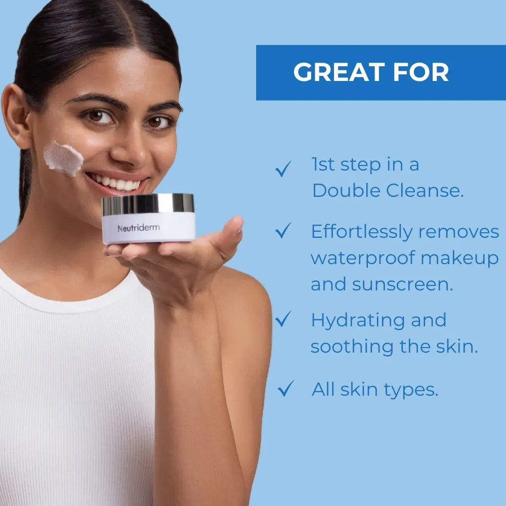  Elevate your skincare routine with Neutriderm Cleansing Balm. This gentle, balm-to-oil cleanser dissolves stubborn makeup and impurities, leaving your skin soft, supple, and refreshed. Suitable for all skin types.