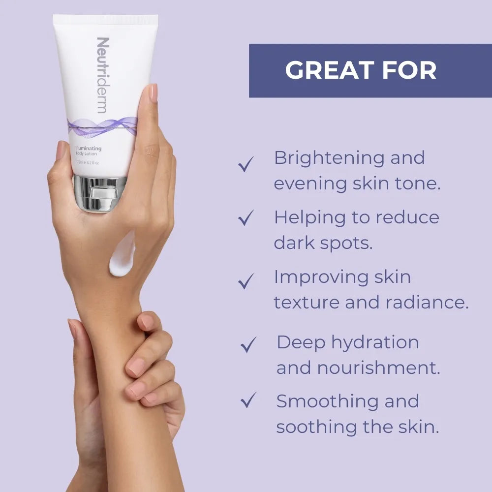  Experience brighter, smoother skin with Neutriderm Illuminating Body Lotion. Our gentle retinol formula reduces dark spots and fine lines, revealing a youthful glow.