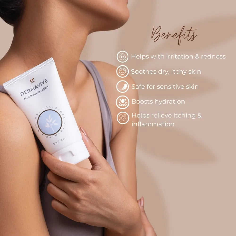  Dermavive Moisturizing Lotion provides deep hydration to keep your skin feeling soft, smooth, and healthy. This lightweight, oil-free formula absorbs quickly and won't clog pores. Perfect for daily use on all skin types.