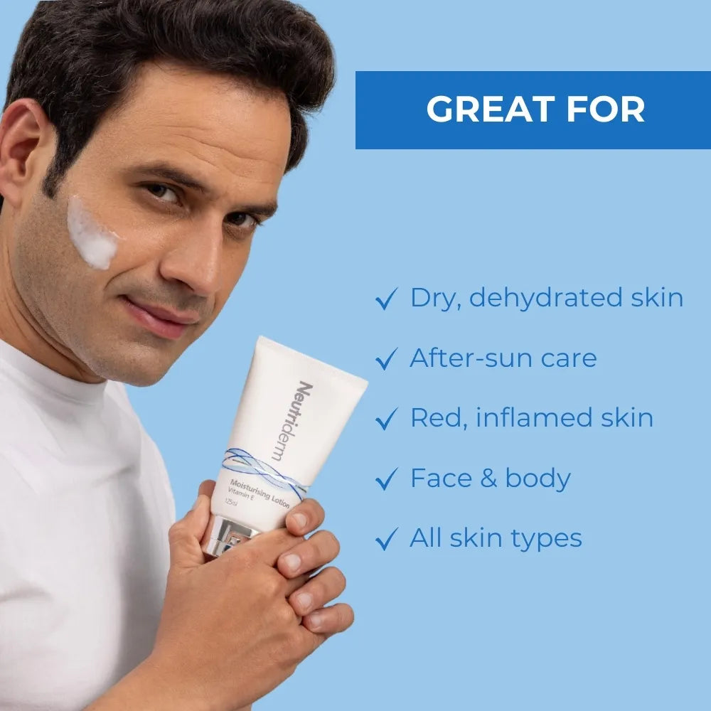  Replenish dry skin and reduce wrinkles with Neutriderm Moisturising Lotion. Enriched with Vitamin E, this lotion repairs sun damage and keeps your skin hydrated for a youthful look.