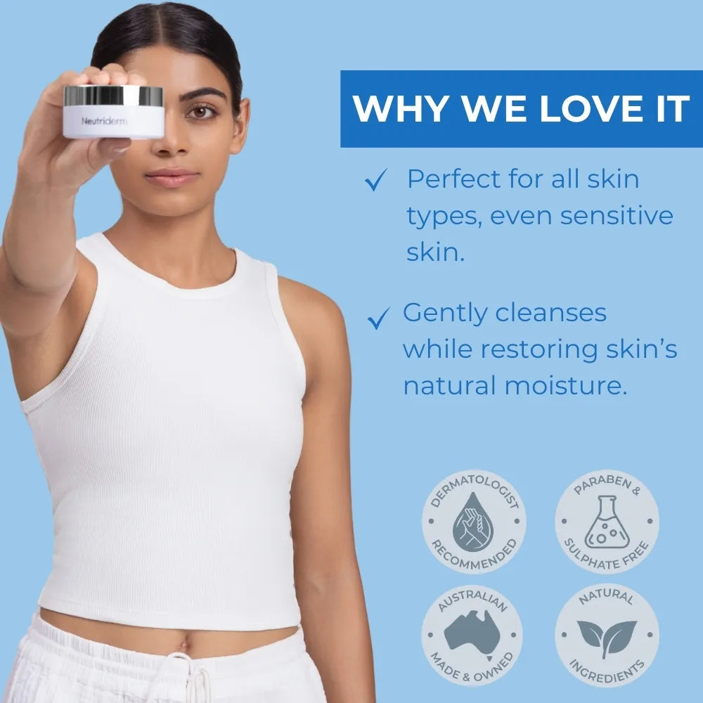  Elevate your skincare routine with Neutriderm Cleansing Balm. This gentle, balm-to-oil cleanser dissolves stubborn makeup and impurities, leaving your skin soft, supple, and refreshed. Suitable for all skin types.