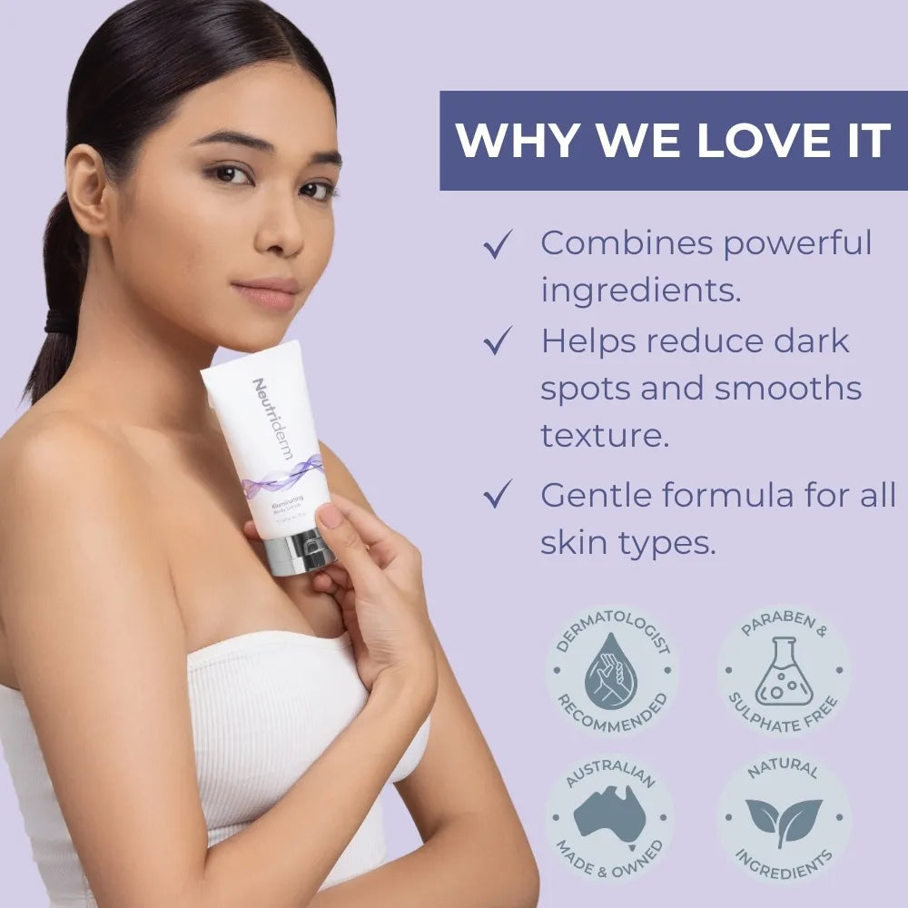  Experience brighter, smoother skin with Neutriderm Illuminating Body Lotion. Our gentle retinol formula reduces dark spots and fine lines, revealing a youthful glow.