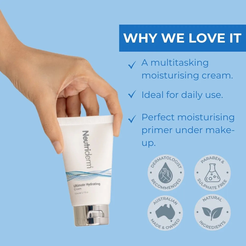  Unlock the secret to radiant, supple skin with Neutriderm Ultimate Hydrating Cream. This pH-balanced moisturiser brightens skin tone, minimizes imperfections, and provides lasting hydration for a youthful glow.