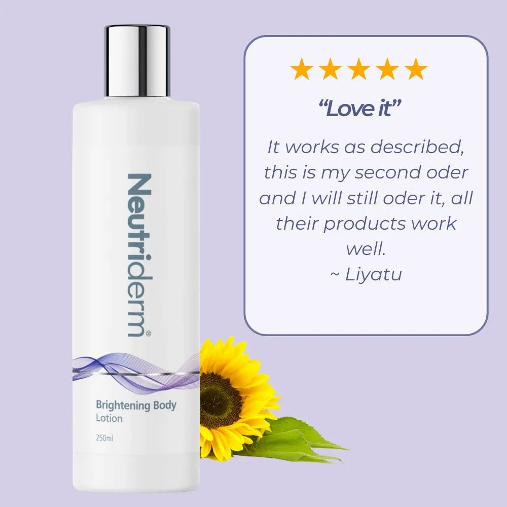  Achieve a radiant, even skin tone with Neutriderm's Brightening Body Lotion. This pH-balanced formula with Retinol & Niacinamide hydrates reduces dark spots and combats early signs of aging.