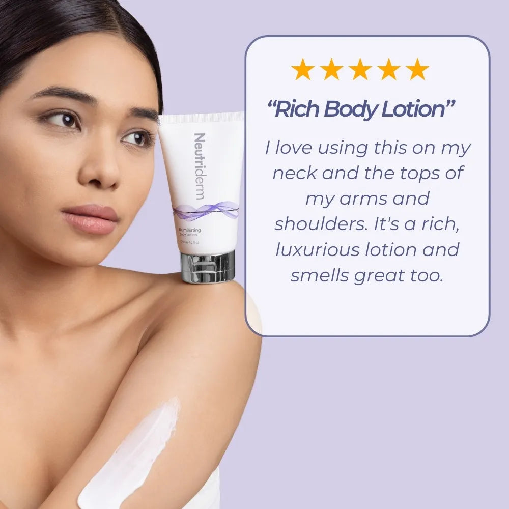  Experience brighter, smoother skin with Neutriderm Illuminating Body Lotion. Our gentle retinol formula reduces dark spots and fine lines, revealing a youthful glow.
