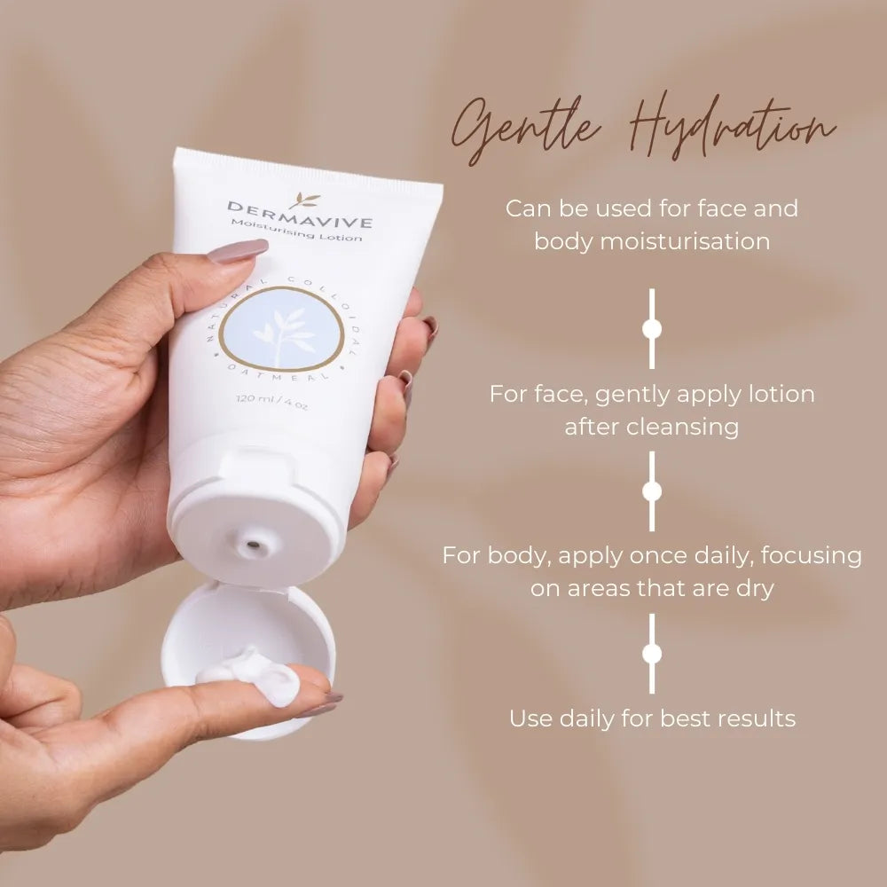  Dermavive Moisturizing Lotion provides deep hydration to keep your skin feeling soft, smooth, and healthy. This lightweight, oil-free formula absorbs quickly and won't clog pores. Perfect for daily use on all skin types.