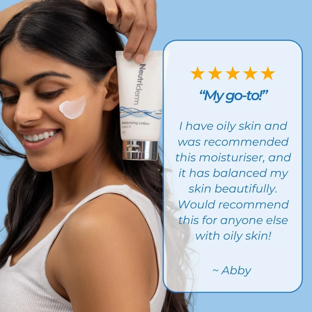  Replenish dry skin and reduce wrinkles with Neutriderm Moisturising Lotion. Enriched with Vitamin E, this lotion repairs sun damage and keeps your skin hydrated for a youthful look.
