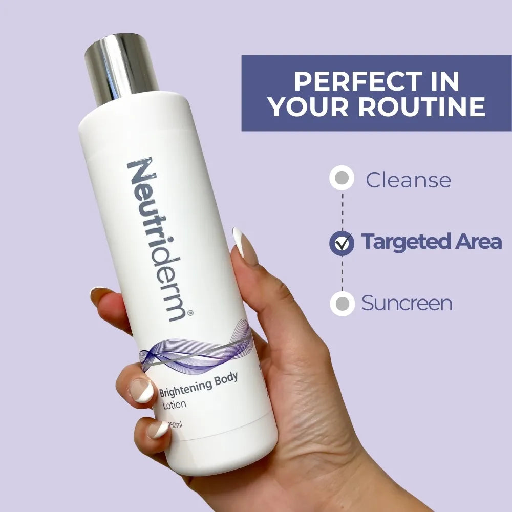  Achieve a radiant, even skin tone with Neutriderm's Brightening Body Lotion. This pH-balanced formula with Retinol & Niacinamide hydrates reduces dark spots and combats early signs of aging.
