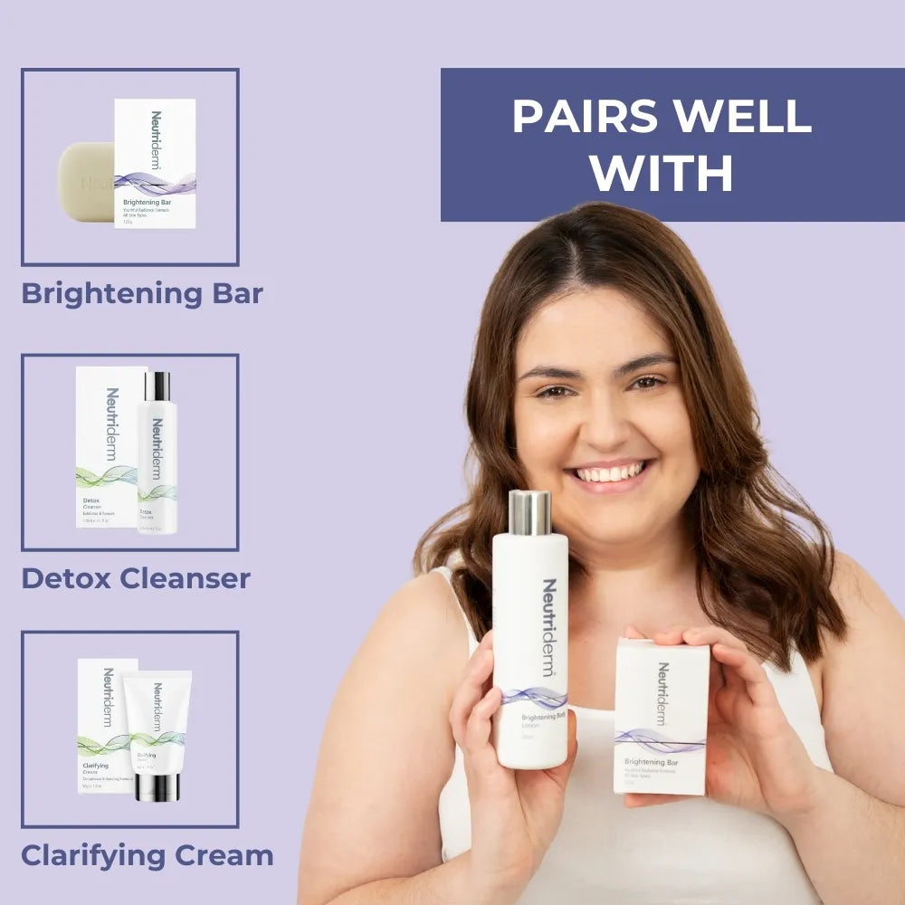  Achieve a radiant, even skin tone with Neutriderm's Brightening Body Lotion. This pH-balanced formula with Retinol & Niacinamide hydrates reduces dark spots and combats early signs of aging.