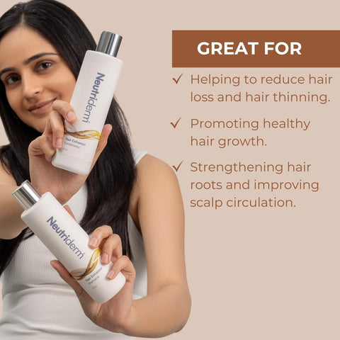 Woman holding Neutriderm hair enhancer bundle bottles promoting hair growth and reducing hair loss