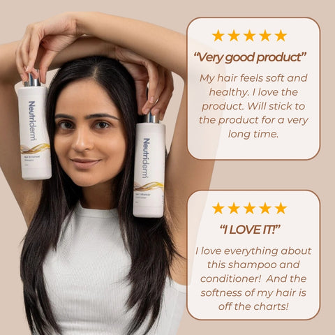 Woman holding Neutriderm hair enhancer bundle shampoo and conditioner with positive customer reviews