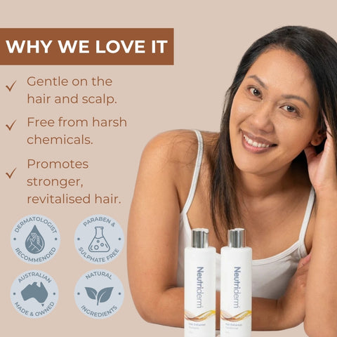 Smiling woman with Neutriderm hair enhancer bundle bottles promoting gentle, chemical-free hair care